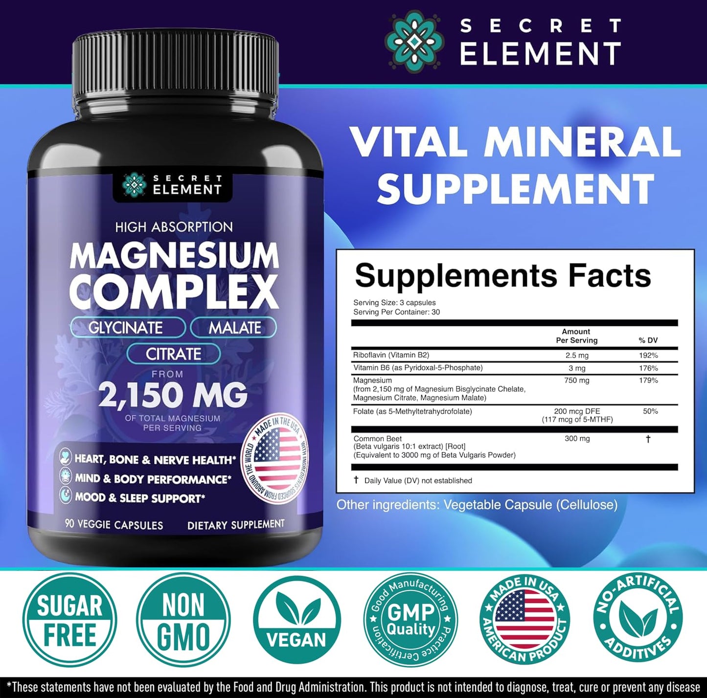 Magnesium Complex 2,150MG, High Absorption Capsules with Magnesium Glycinate, Citrate & Malate, Plus Vitamin B6, B2, Folate & Beet Root, Vegan, Non-GMO, No Artificial Additives, 90 Capsules - Maple Wellness Supplements