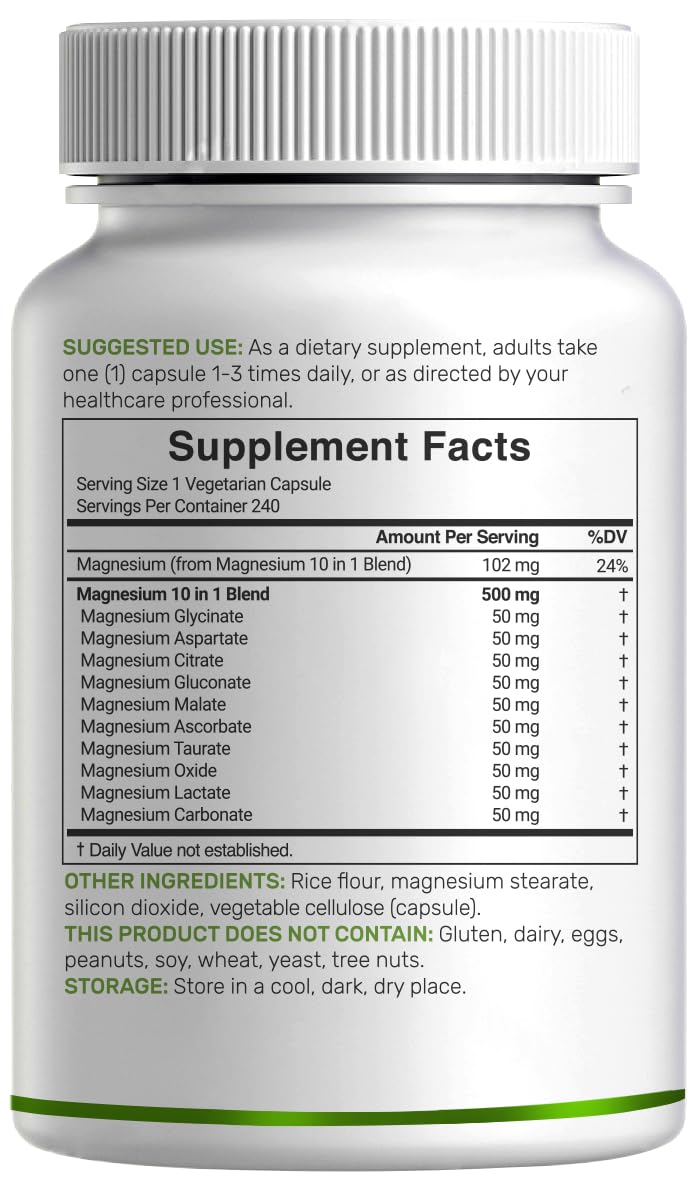 Magnesium Complex 500mg, 240 Veggie Capsules – 10-in-1 Glycinate, Citrate, Malate, Oxide, & More – 100% Chelated for Easy Absorption – Essential Mineral Supplement – Non-GMO - Maple Wellness Supplements