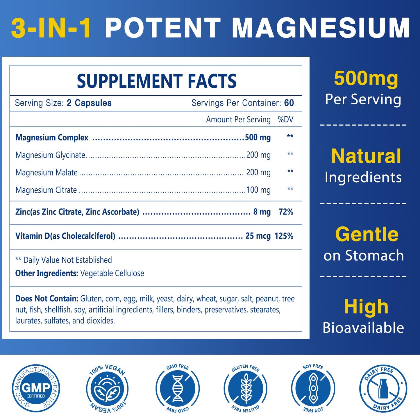 Magnesium Complex 500mg, Magnesium Glycinate, Malate & Citrate - High Absorption Chelated Triple Magnesium Supplement with Zinc, Vitamin D3 for Muscle, Nerve, Bone & Immune Support, Vegan 120 Capsules - Maple Wellness Supplements