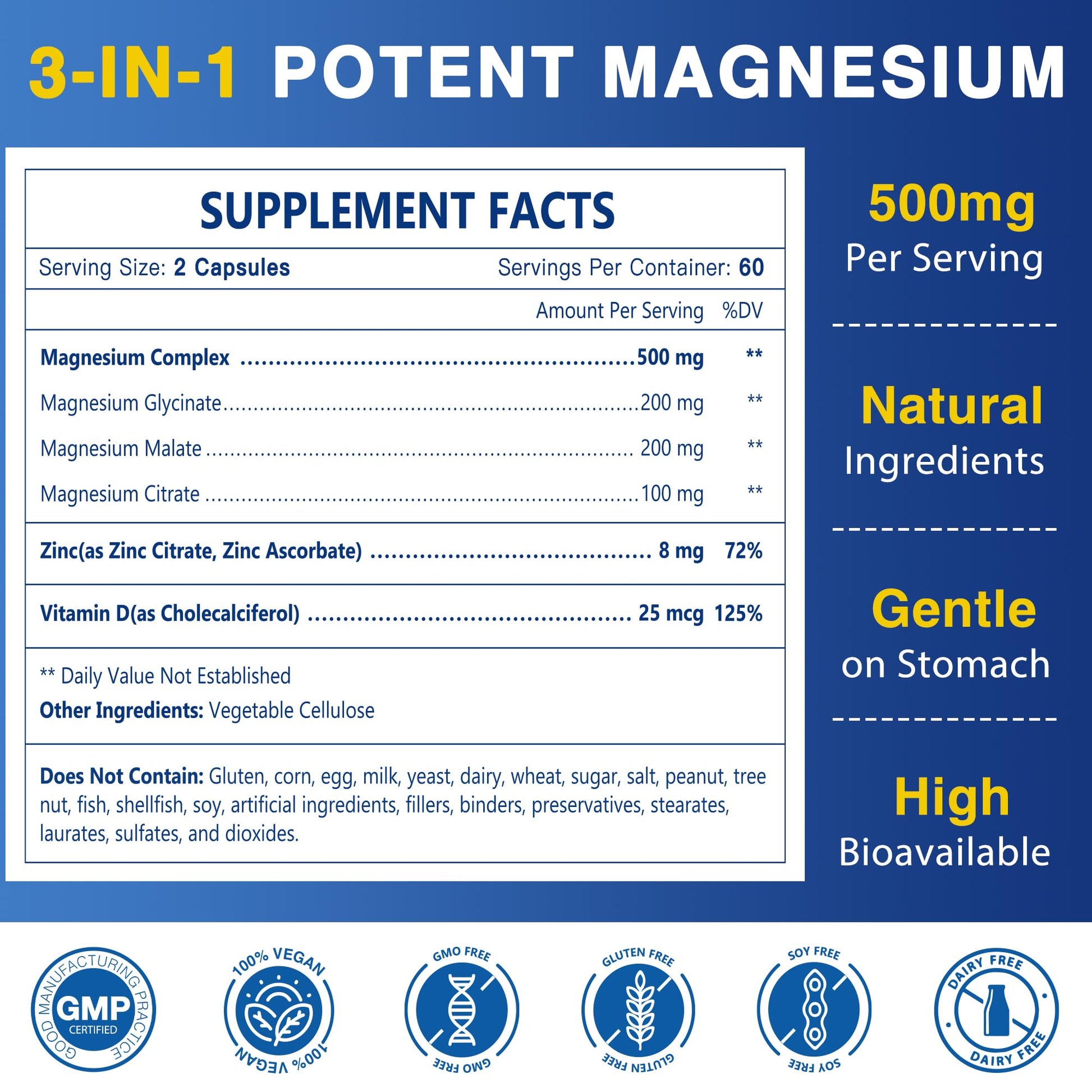 Magnesium Complex 500mg, Magnesium Glycinate, Malate & Citrate - High Absorption Chelated Triple Magnesium Supplement with Zinc, Vitamin D3 for Muscle, Nerve, Bone & Immune Support, Vegan 120 Capsules - Maple Wellness Supplements