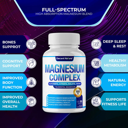 Magnesium Complex 7 Elemental Magnesium Supplement 1000mg – Magnesium Glycinate, Citrate, Malate, Taurate, Oxide, Aspartate, Orotate Non-GMO 90 Capsules - Maple Wellness Supplements