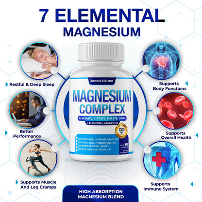Magnesium Complex 7 Elemental Magnesium Supplement 1000mg – Magnesium Glycinate, Citrate, Malate, Taurate, Oxide, Aspartate, Orotate Non-GMO 90 Capsules - Maple Wellness Supplements