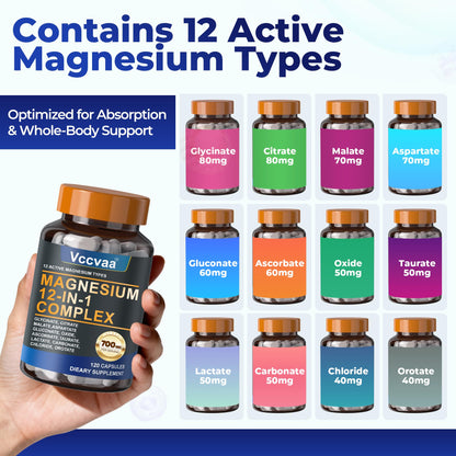 Magnesium Complex 700mg | 12-in-1 High Absorption Supplement | Glycinate, Citrate, Malate, Taurate & More | Sleep Support, Muscle Cramp Relief, Stress, Heart, Bone - Maple Wellness Supplements