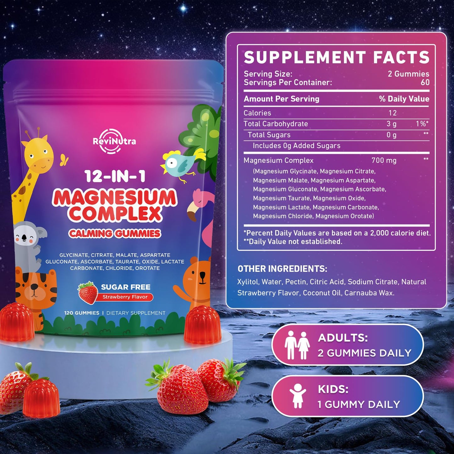 Magnesium Complex 700mg - 12 in 1 Magnesium Gummies with Glycinate, Citrate, Malate, Oxide, Taurate, Aspartate, Orotate - Supports Relaxation, Muscle & Heart - Sugar Free Strawberry 120 Count - Maple Wellness Supplements