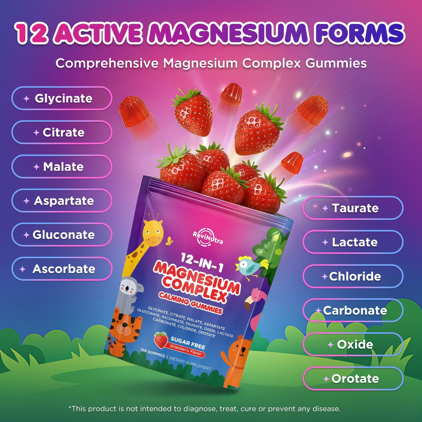 Magnesium Complex 700mg - 12 in 1 Magnesium Gummies with Glycinate, Citrate, Malate, Oxide, Taurate, Aspartate, Orotate - Supports Relaxation, Muscle & Heart - Sugar Free Strawberry 120 Count - Maple Wellness Supplements