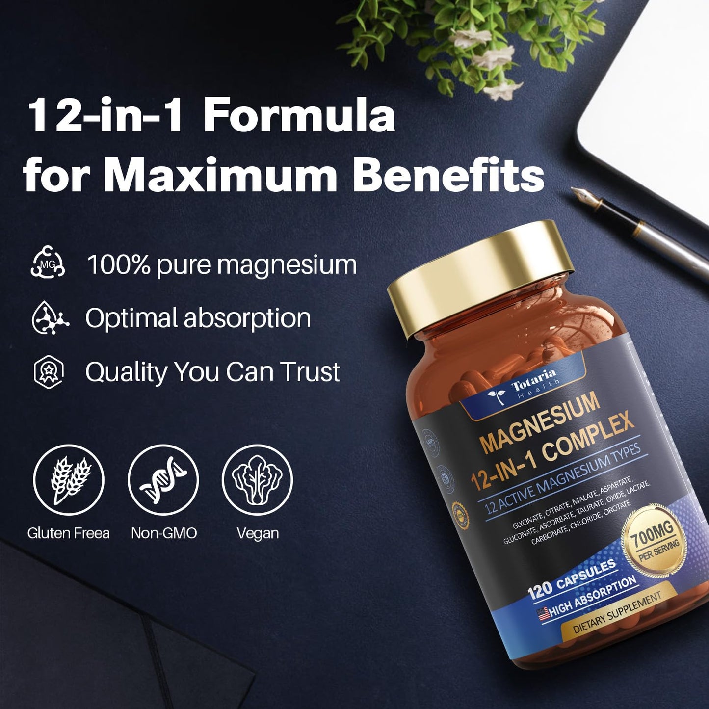 Magnesium Complex 700mg 12 in 1 Magnesium Supplement with Glycinate Citrate Malate Oxide Taurate Aspartate Orotate Magnesium Relaxation,Muscle,Heart Support, Vegan 120 Capsules 2PK - Maple Wellness Supplements