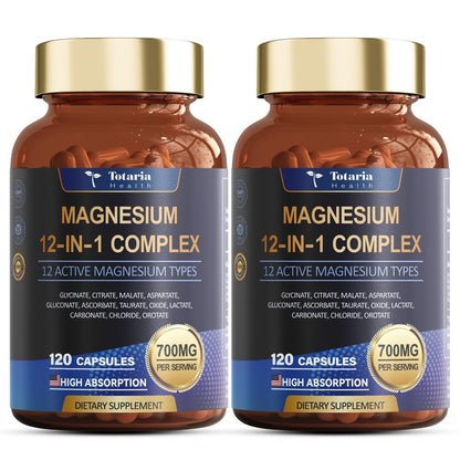 Magnesium Complex 700mg 12 in 1 Magnesium Supplement with Glycinate Citrate Malate Oxide Taurate Aspartate Orotate Magnesium Relaxation,Muscle,Heart Support, Vegan 120 Capsules 2PK - Maple Wellness Supplements