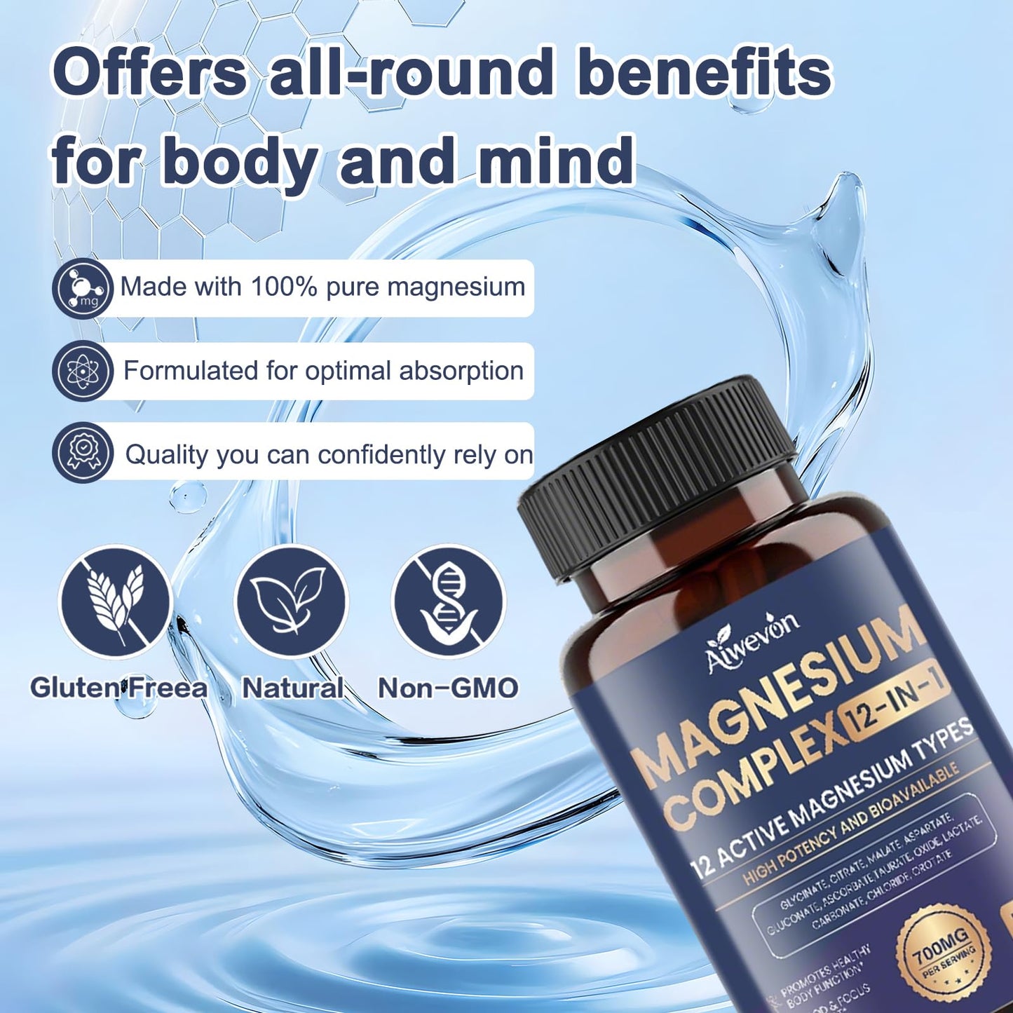 Magnesium Complex 700mg, 12 in 1 Magnesium Supplement with Glycinate, Citrate, Malate, Oxide, Taurate & Orotate, High Absorption Magnesium for Sleep, Muscle, Nerve & Heart Support, Vegan, 120 Capsules - Maple Wellness Supplements