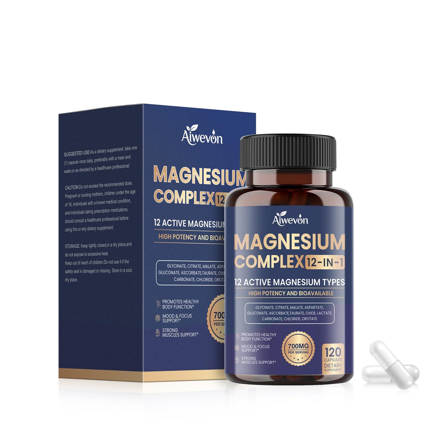 Magnesium Complex 700mg, 12 in 1 Magnesium Supplement with Glycinate, Citrate, Malate, Oxide, Taurate & Orotate, High Absorption Magnesium for Sleep, Muscle, Nerve & Heart Support, Vegan, 120 Capsules - Maple Wellness Supplements