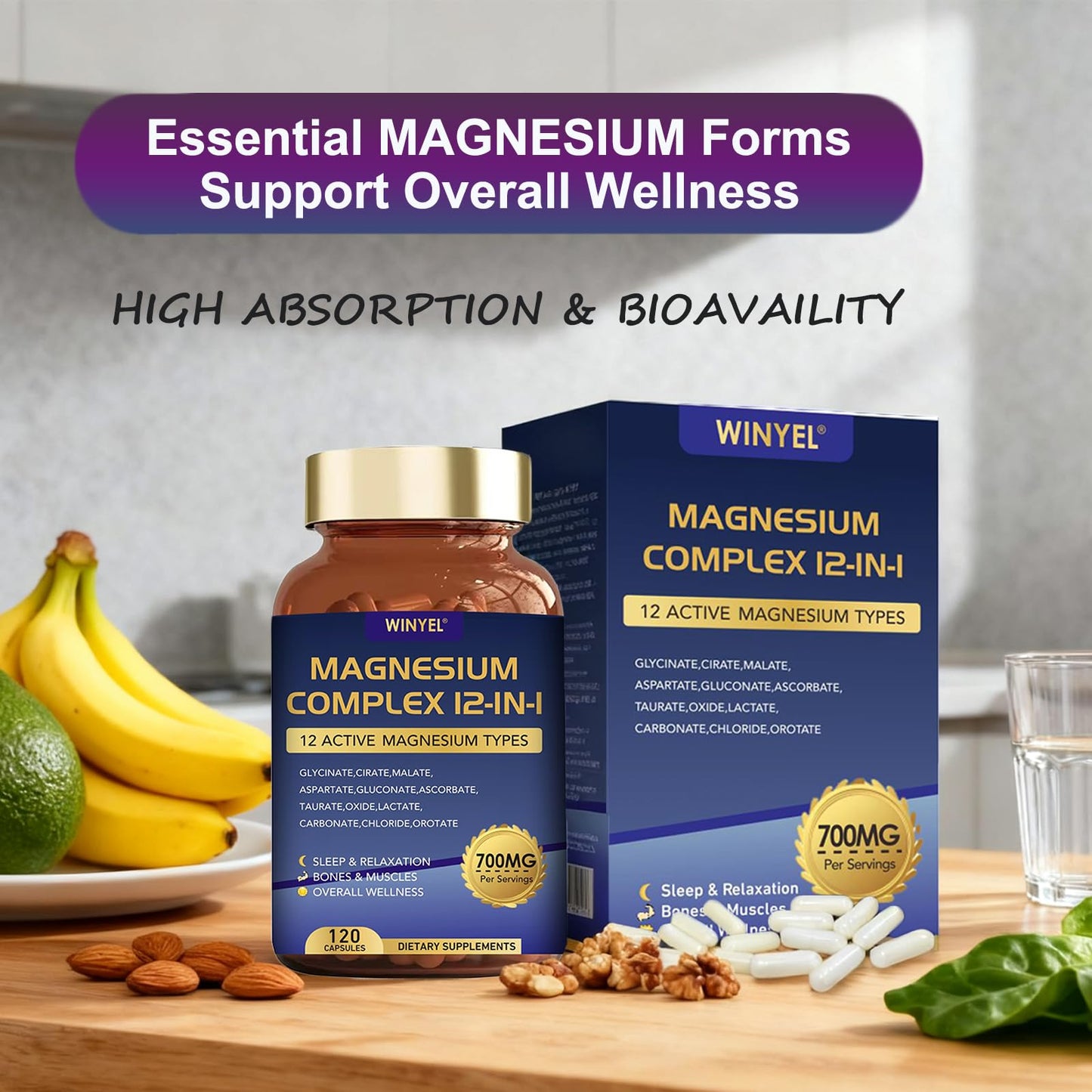 Magnesium Complex 700mg 12 in 1 Magnesium Supplement with Glycinate, Citrate, Malate | Sleep, Calm, Muscle Relaxation, Heart Health Support | Vegan 120 Capsules - Maple Wellness Supplements
