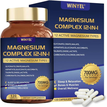 Magnesium Complex 700mg 12 in 1 Magnesium Supplement with Glycinate, Citrate, Malate | Sleep, Calm, Muscle Relaxation, Heart Health Support | Vegan 120 Capsules - Maple Wellness Supplements