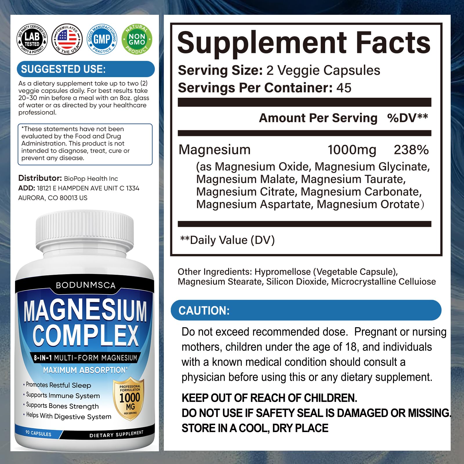 Magnesium Complex, 8 in 1, 1000mg-Glycinate, Citrate, Malate for Easy Absorption, Full Spectrum Magnesium Complex,Supports Relaxation, Sleep & Muscle Function, Magnesio Complex for Women, 180 Capsules - Maple Wellness Supplements