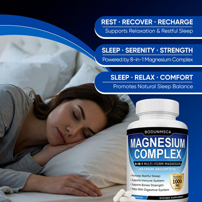 Magnesium Complex, 8 in 1, 1000mg-Glycinate, Citrate, Malate for Easy Absorption, Full Spectrum Magnesium Complex,Supports Relaxation, Sleep & Muscle Function, Magnesio Complex for Women, 180 Capsules - Maple Wellness Supplements
