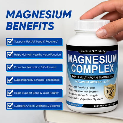 Magnesium Complex, 8 in 1, 1000mg-Glycinate, Citrate, Malate for Easy Absorption, Full Spectrum Magnesium Complex,Supports Relaxation, Sleep & Muscle Function, Magnesio Complex for Women, 180 Capsules - Maple Wellness Supplements