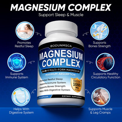 Magnesium Complex, 8 in 1, 1000mg-Glycinate, Citrate, Malate for Easy Absorption, Full Spectrum Magnesium Complex,Supports Relaxation, Sleep & Muscle Function, Magnesio Complex for Women, 180 Capsules - Maple Wellness Supplements