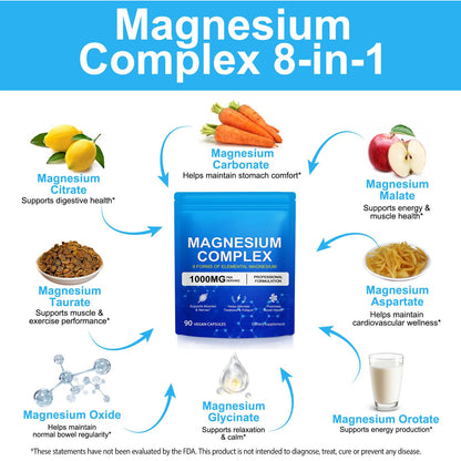 Magnesium Complex 8-in-1 High Potency with 8 Essential Forms, Vegan Capsules for Muscle, Nerve & Bowel Support, Relief Fatigue & Improve Sleep (90 Capsules) - Maple Wellness Supplements