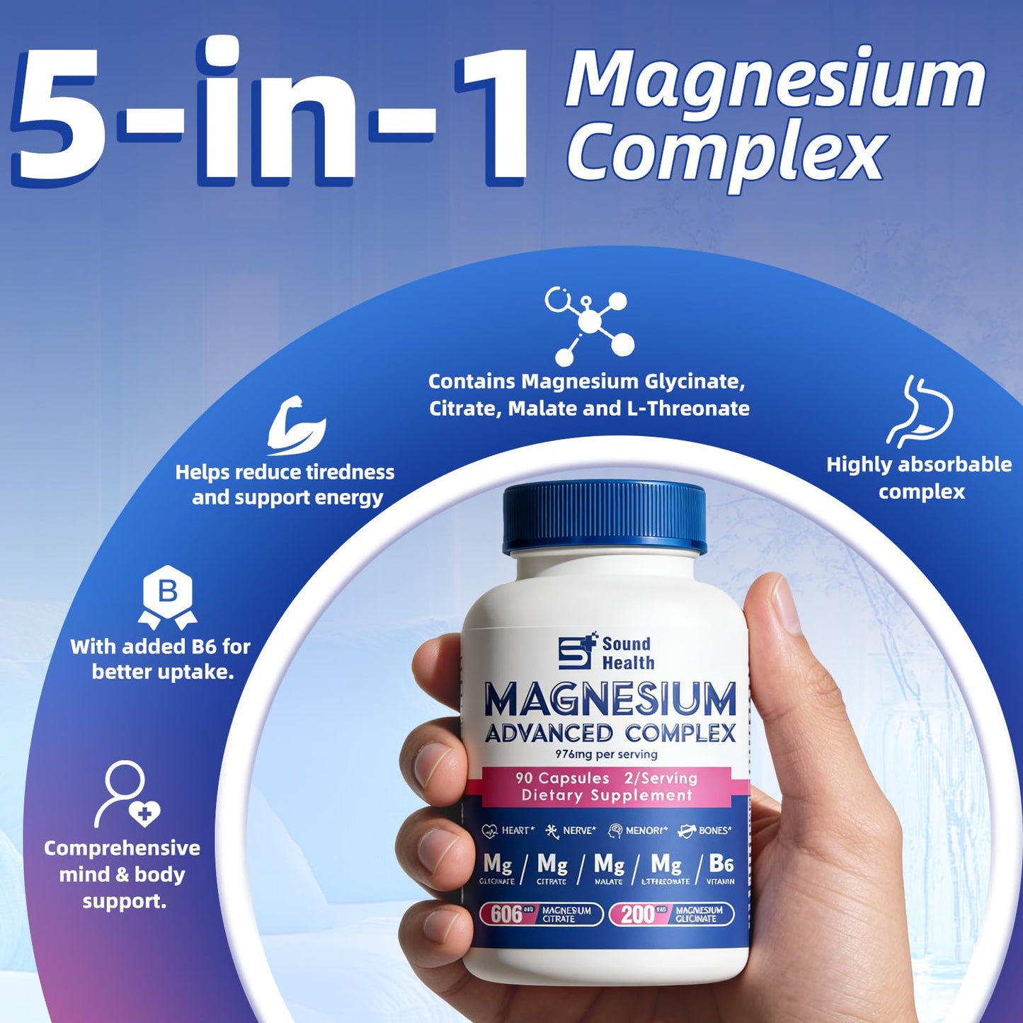 Magnesium Complex Capsule 5 in 1 Magnesium Supplement from Magnesium Glycinate, Citrate, Malate, L-Threonate & Vitamin B6, High Absorption Magnesium Supplement, Non-GMO, Vegan - Maple Wellness Supplements