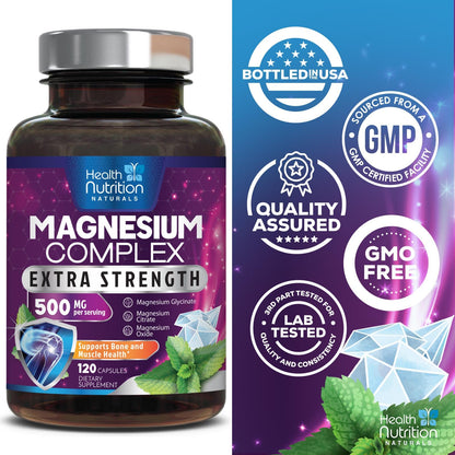 Magnesium Complex Capsules - 500mg per Serving Magnesium - High Absorption Chelated Mineral Supplement - with Oxide, Glycinate, Malate, Citrate for Muscle Bone and Heart Health Support - 120 Capsules - Maple Wellness Supplements
