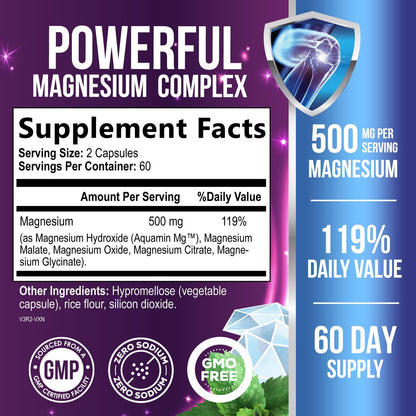 Magnesium Complex Capsules - 500mg per Serving Magnesium - High Absorption Chelated Mineral Supplement - with Oxide, Glycinate, Malate, Citrate for Muscle Bone and Heart Health Support - 120 Capsules - Maple Wellness Supplements