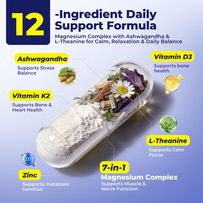 Magnesium Complex for Women & Men 1100mg, 7-in-1 Magnesium Supplement with Ashwagandha & L-Theanine for Calm & Sleep Support, High Absorption, Vegan 120 Capsules - Maple Wellness Supplements