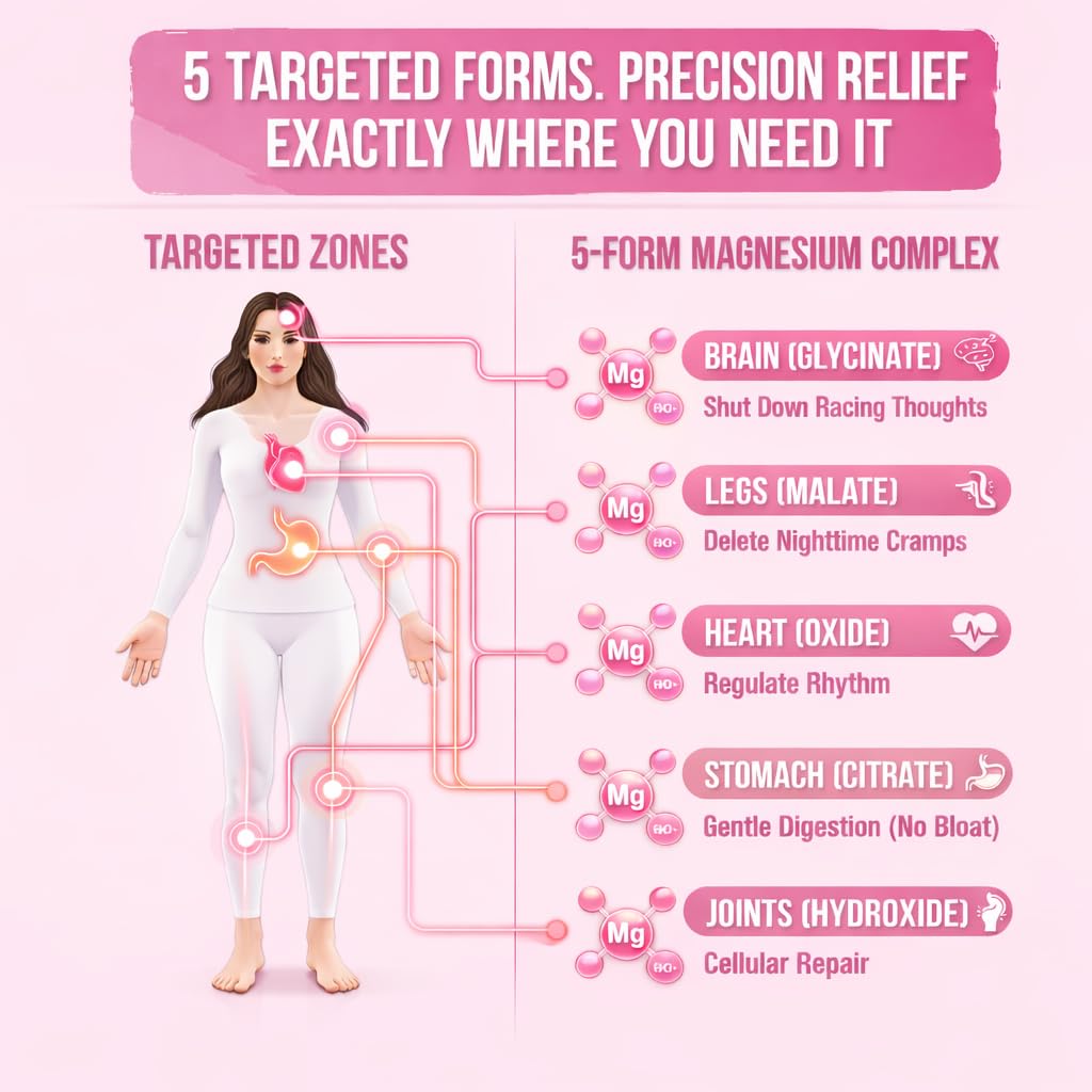 Magnesium Complex for Women – Spectrum 5-Form Magnesium Complex (500 mg), High Absorption Glycinate, Citrate, Oxide & Malate – Vegan, Non-GMO Supports Sleep, Energy, Hormone & Bone – 60 Capsules - Maple Wellness Supplements