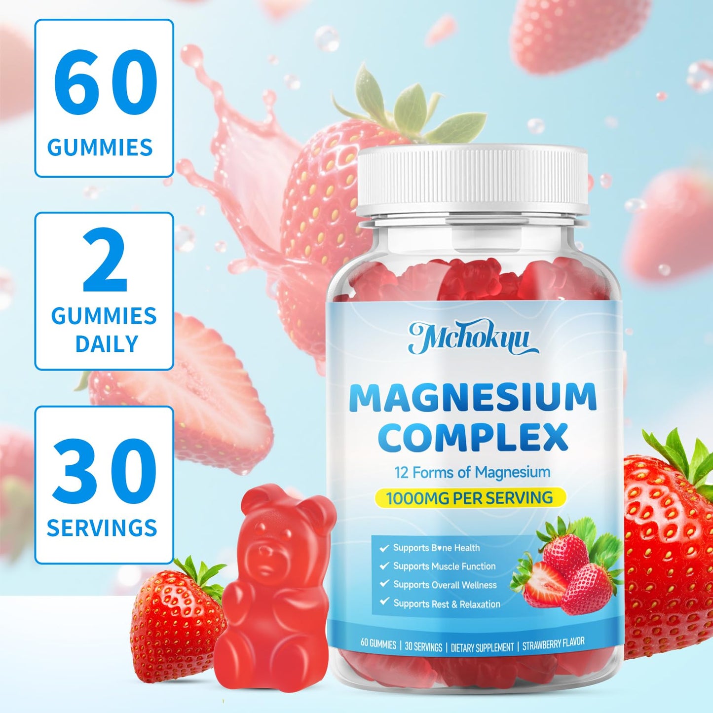 Magnesium Complex Gummies 1000mg | 12-in-1 Magnesium Complex Supplement with Glycinate, Citrate, Malate & Taurate Supports Muscle Function, Bone Health, Rest & Relaxation – Strawberry Flavor, 60 Count - Maple Wellness Supplements