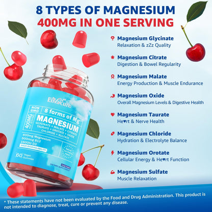 Magnesium Complex Gummies 400mg | as 8 Forms of Magnesium Glycinate, Malate, Citrate, Taurate, Oxide & More | w/Ashwagandha Extract, D3 & B12 Supports for Calm, Zzz, Mood, Muscle Cramp - Vegan 120Cts - Maple Wellness Supplements