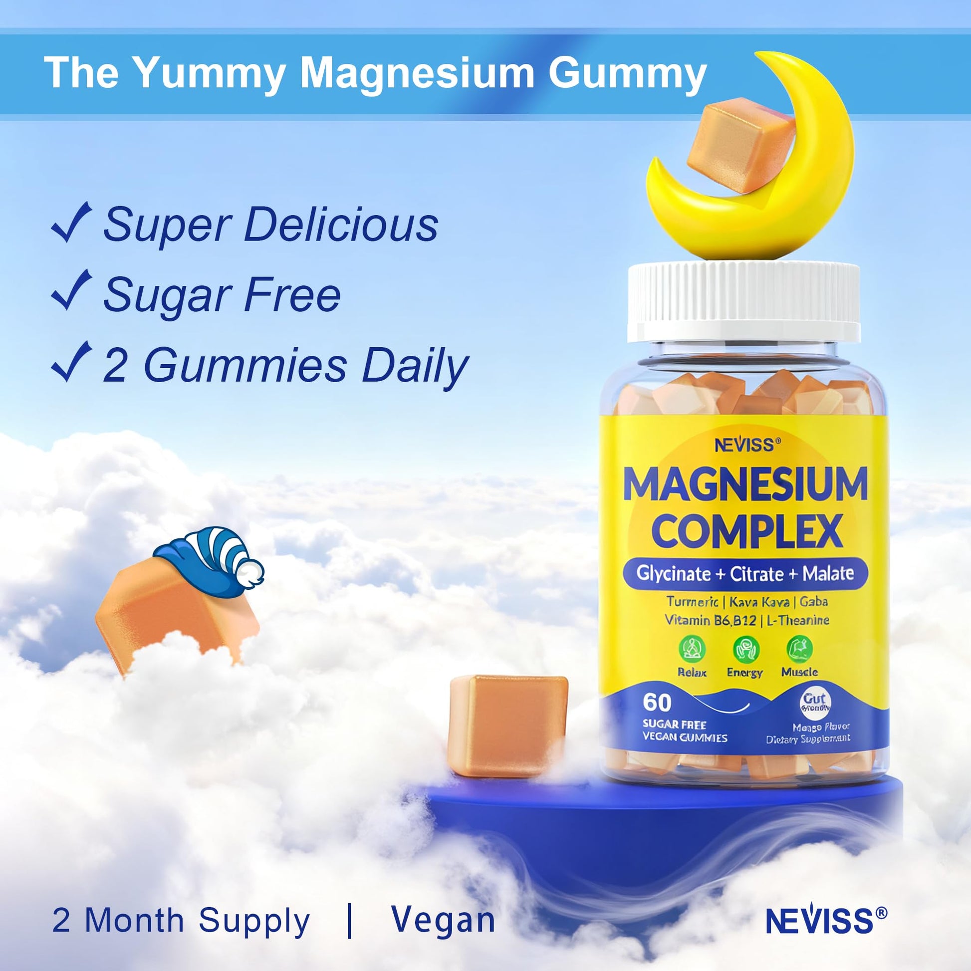 Magnesium Complex Gummies 400mg, Magneisum Glycinate Citrate Malate + Turmeric, GABA, B6 B12, Kava Kava, L-Theanine for Sleep, Calm, Relaxation, Energy - Maple Wellness Supplements