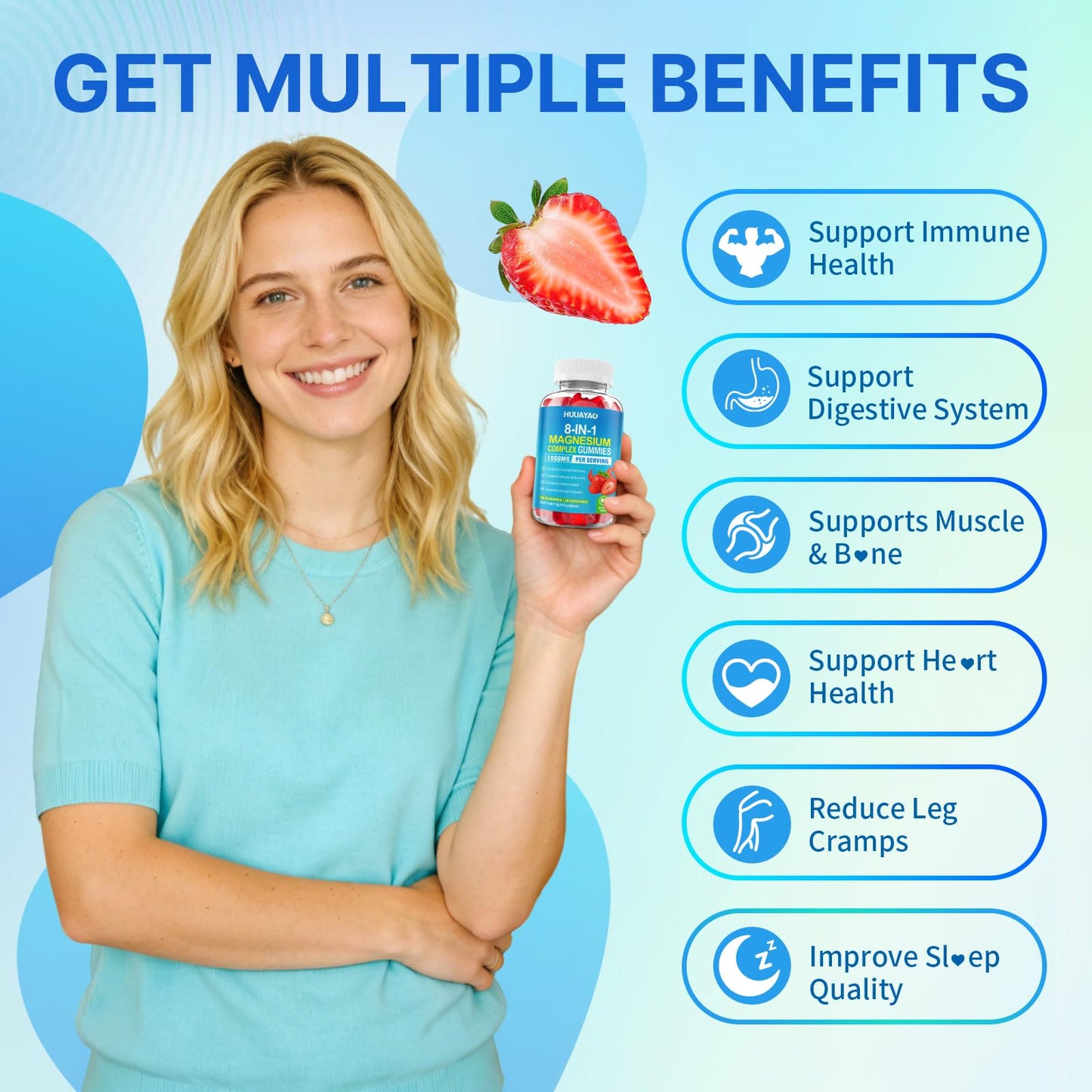 Magnesium Complex Gummies for Women Men 8 in 1, Magnesium Glycinate, Citrate, Malate, Taurate, Supports Bones, Muscle, Nerve Health, Sugar-Free, Vegan Non-GMO, Strawberry Flavor, 120 Count - Maple Wellness Supplements