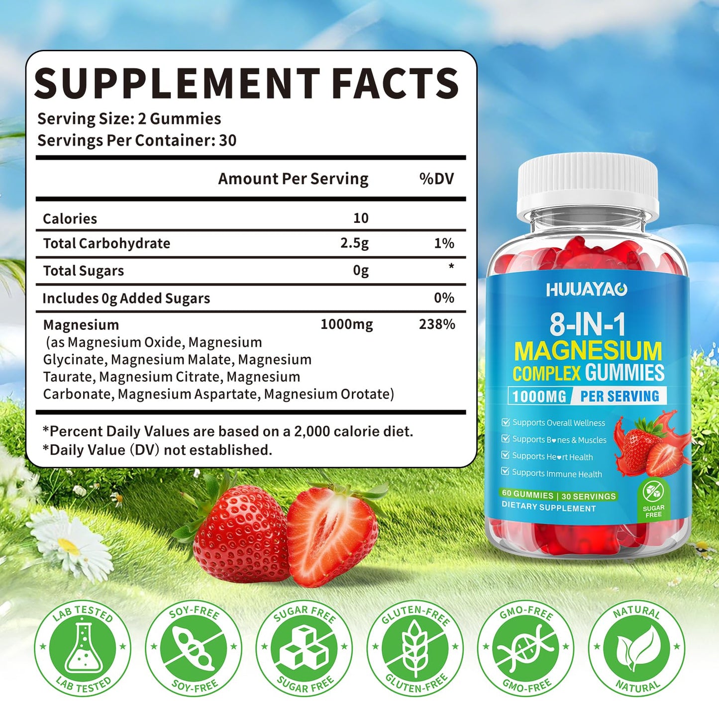 Magnesium Complex Gummies for Women Men 8 in 1, Magnesium Glycinate, Citrate, Malate, Taurate, Supports Bones, Muscle, Nerve Health, Sugar-Free, Vegan Non-GMO, Strawberry Flavor, 120 Count - Maple Wellness Supplements