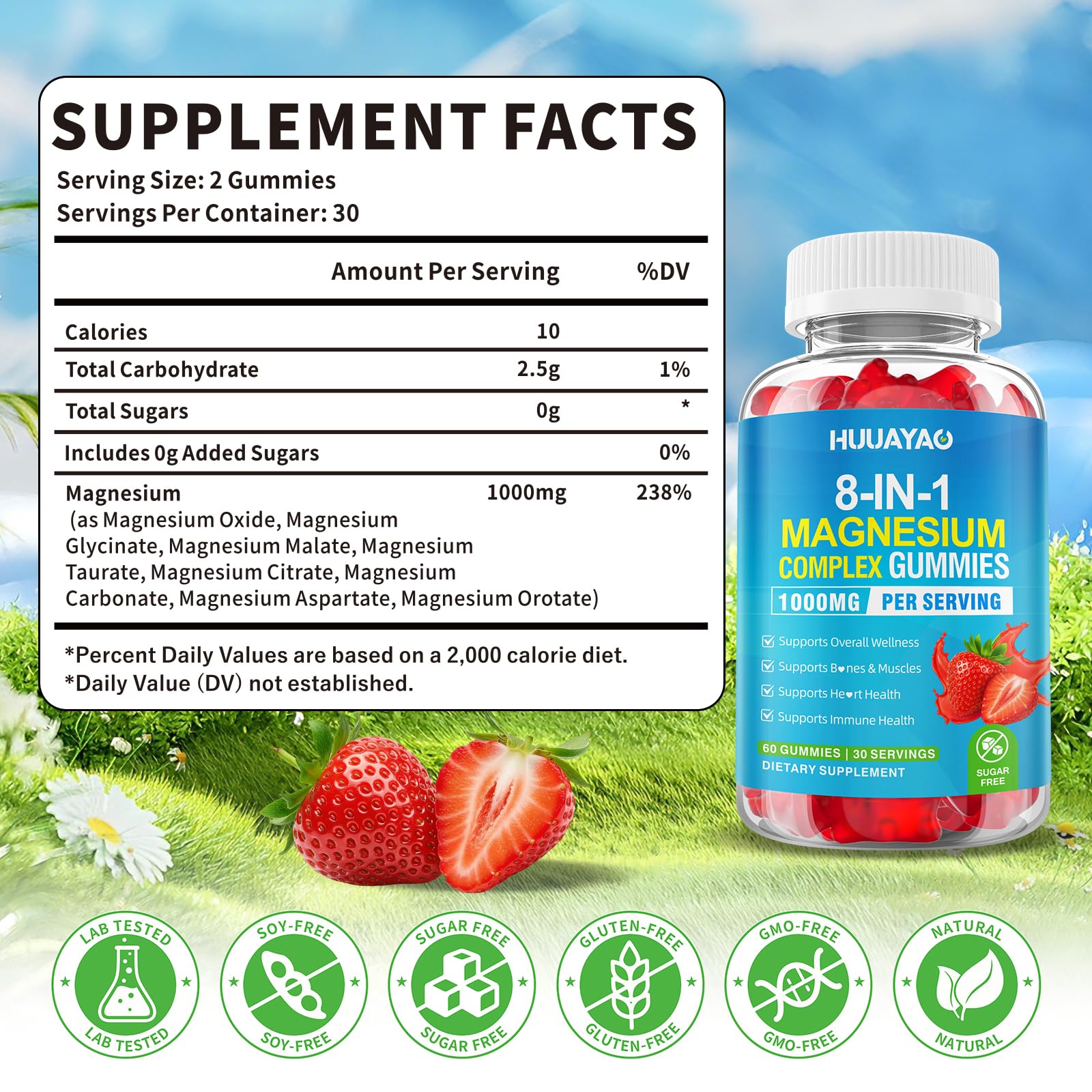 Magnesium Complex Gummies for Women Men 8 in 1, Magnesium Glycinate, Citrate, Malate, Taurate, Supports Bones, Muscle, Nerve Health, Sugar-Free, Vegan Non-GMO, Strawberry Flavor, 120 Count - Maple Wellness Supplements
