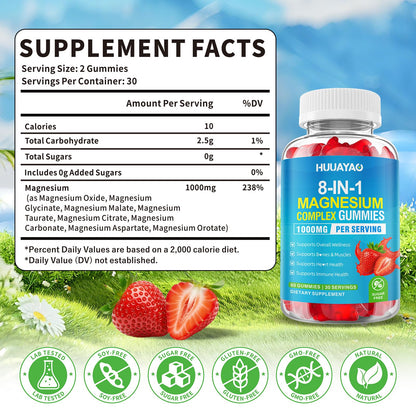 Magnesium Complex Gummies for Women Men 8 in 1, Magnesium Glycinate, Citrate, Malate, Taurate, Supports Bones, Muscle, Nerve Health, Sugar-Free, Vegan Non-GMO, Strawberry Flavor, 120 Count - Maple Wellness Supplements