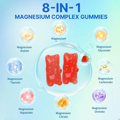 Magnesium Complex Gummies for Women Men 8 in 1, Magnesium Glycinate, Citrate, Malate, Taurate, Supports Bones, Muscle, Nerve Health, Sugar-Free, Vegan Non-GMO, Strawberry Flavor, 120 Count - Maple Wellness Supplements