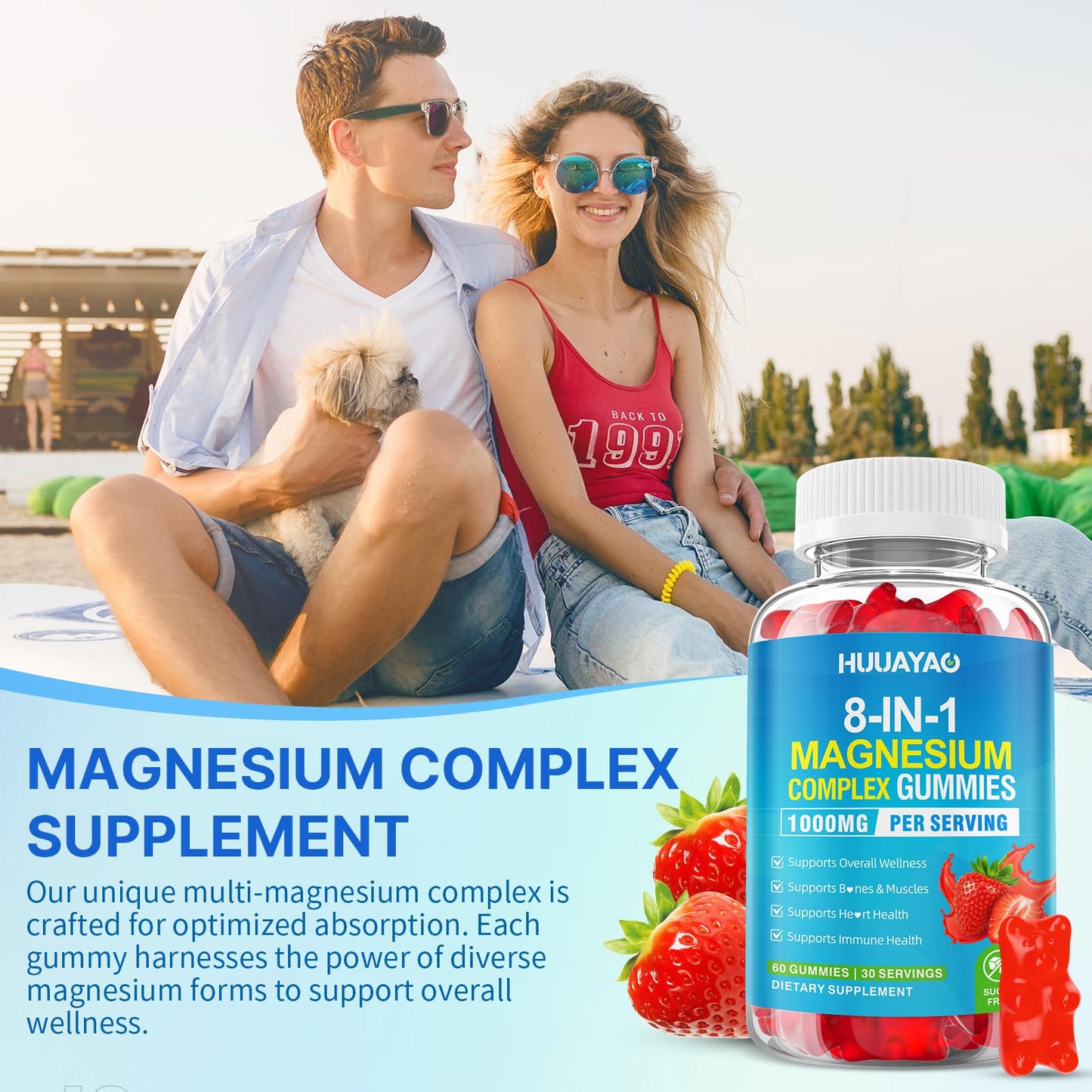 Magnesium Complex Gummies for Women Men 8 in 1, Magnesium Glycinate, Citrate, Malate, Taurate, Supports Bones, Muscle, Nerve Health, Sugar-Free, Vegan Non-GMO, Strawberry Flavor, 120 Count - Maple Wellness Supplements