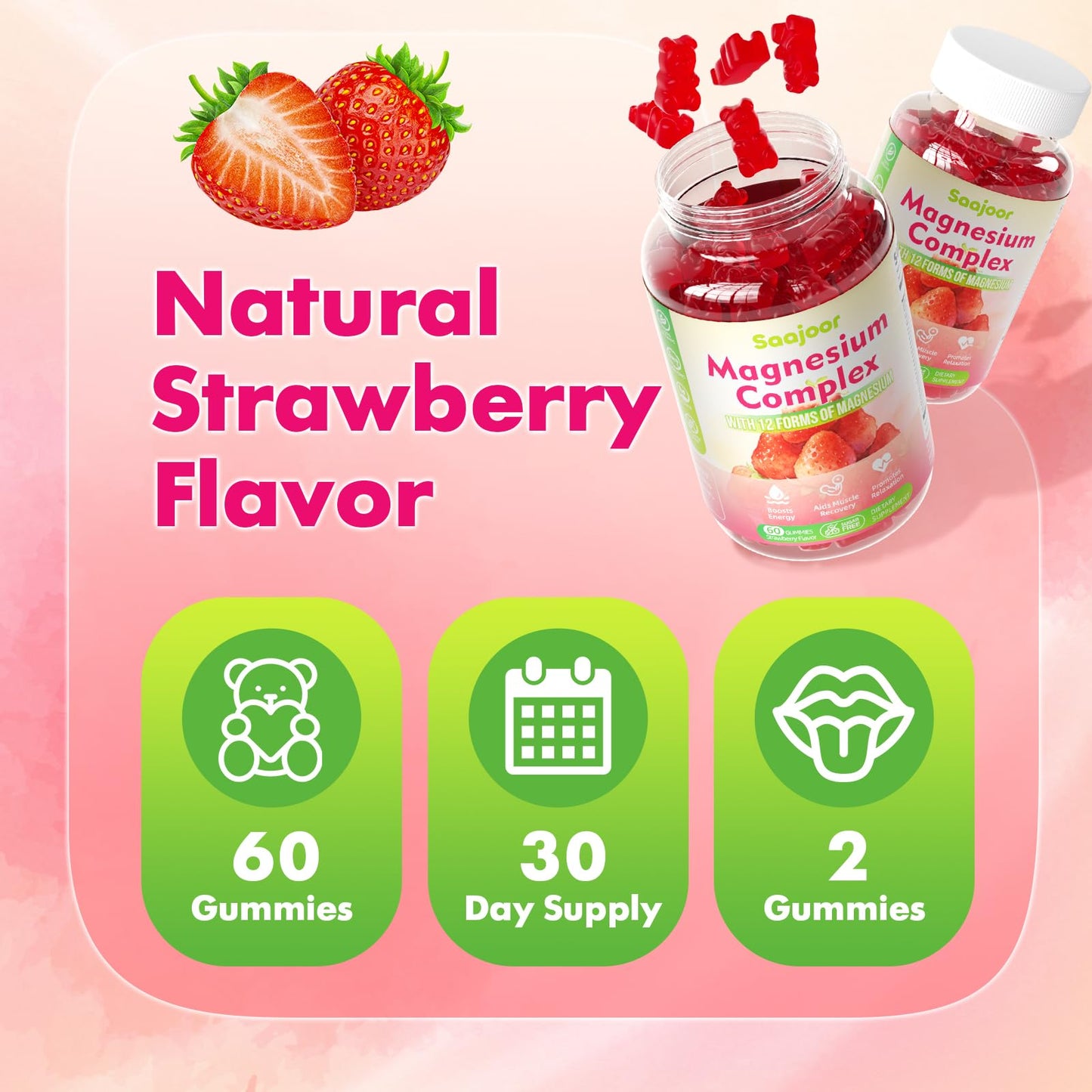 Magnesium Complex Gummies – with 12 Forms of Magnesium (Citrate, Glycinate, Malate, Oxide, and More) Plus Vitamins B6, B12, and C. for Women and Men – Strawberry Flavor, 60 Count - Maple Wellness Supplements