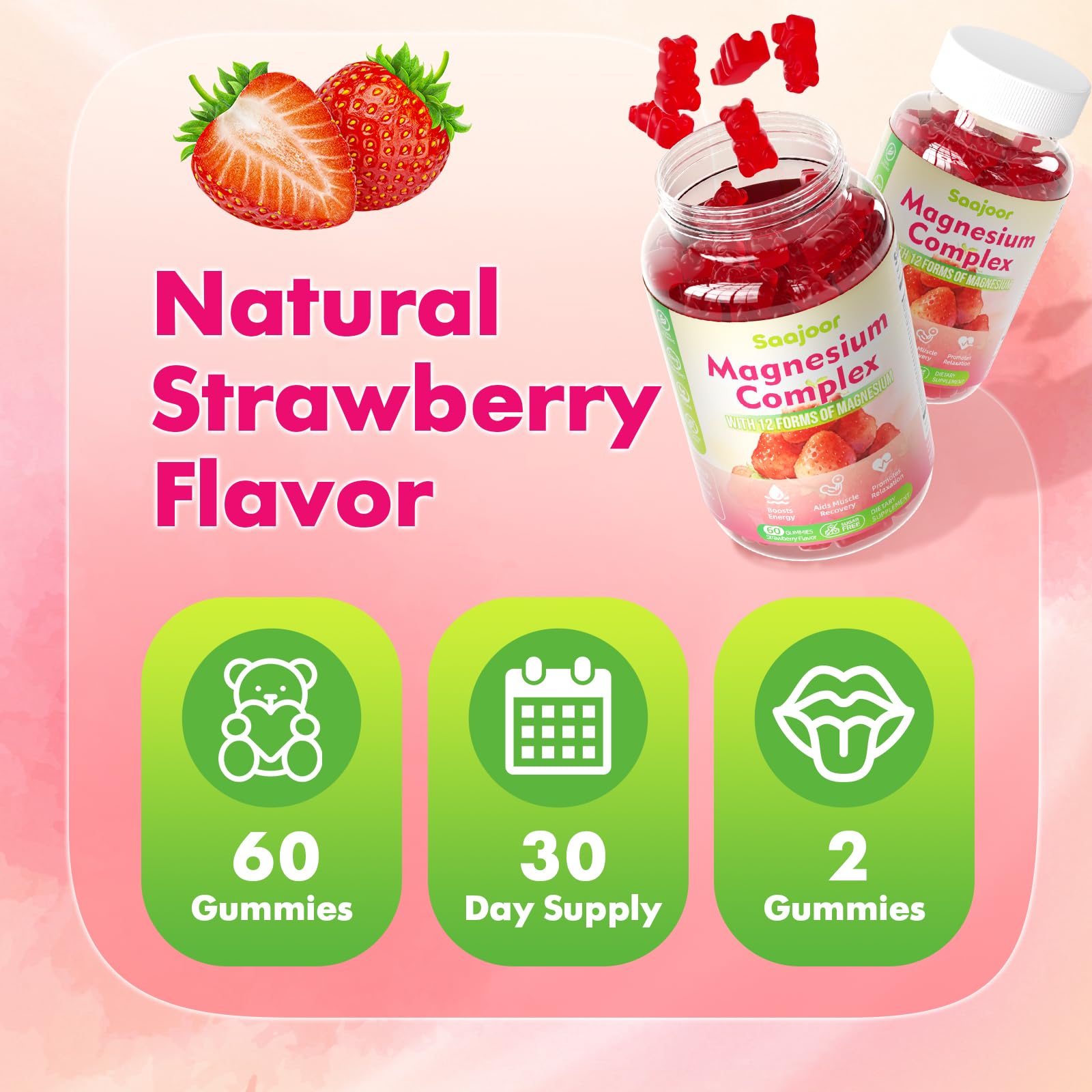 Magnesium Complex Gummies – with 12 Forms of Magnesium (Citrate, Glycinate, Malate, Oxide, and More) Plus Vitamins B6, B12, and C. for Women and Men – Strawberry Flavor, 60 Count - Maple Wellness Supplements