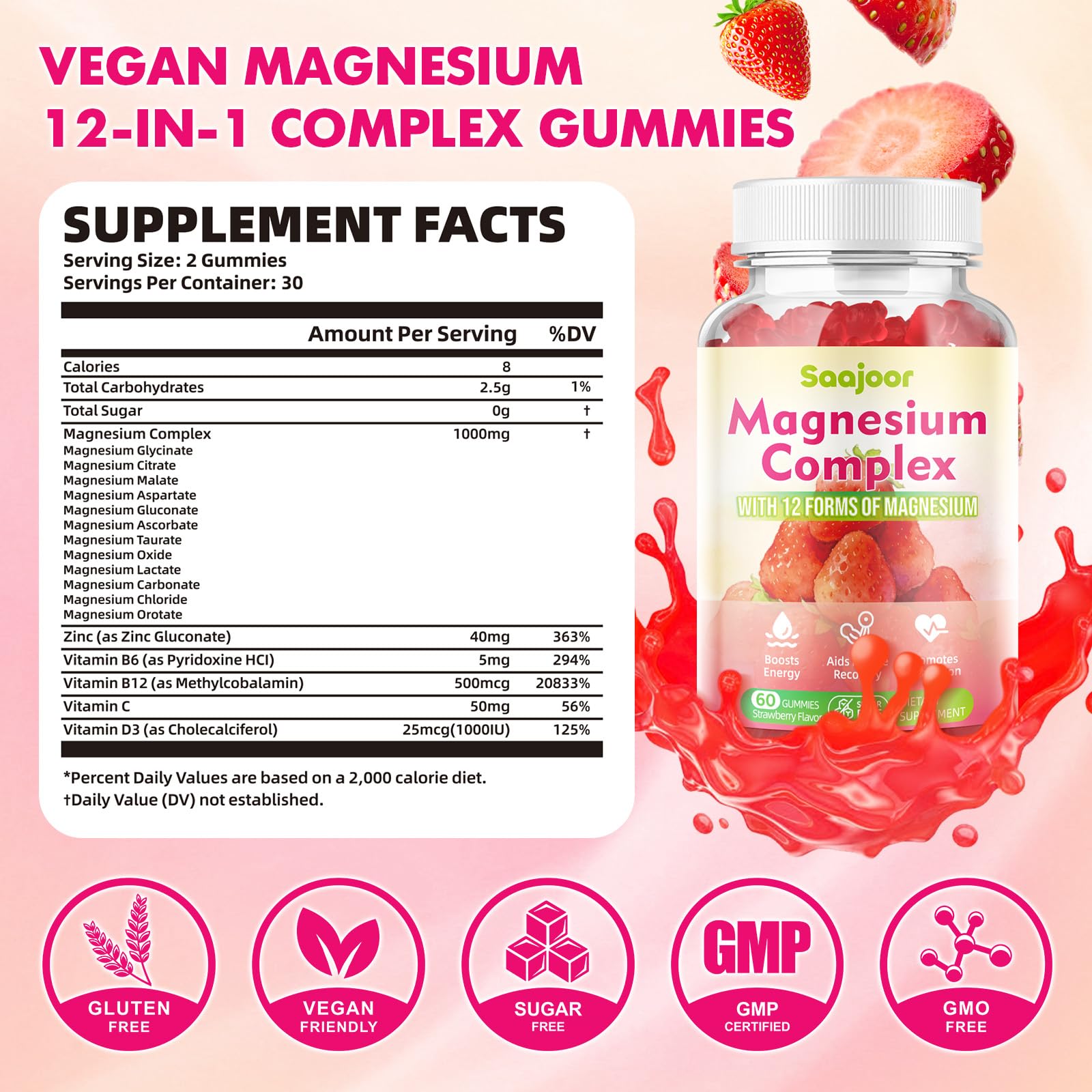 Magnesium Complex Gummies – with 12 Forms of Magnesium (Citrate, Glycinate, Malate, Oxide, and More) Plus Vitamins B6, B12, and C. for Women and Men – Strawberry Flavor, 60 Count - Maple Wellness Supplements