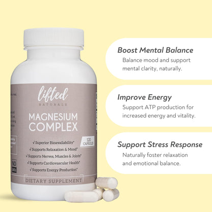 Magnesium Complex - Lifted Naturals Magnesium Supplement w/Bisglycinate, Malate, Taurate - 120 Capsules - Bioavailable Magnesium Formula for Mood, Sleep, Energy Support* - Maple Wellness Supplements