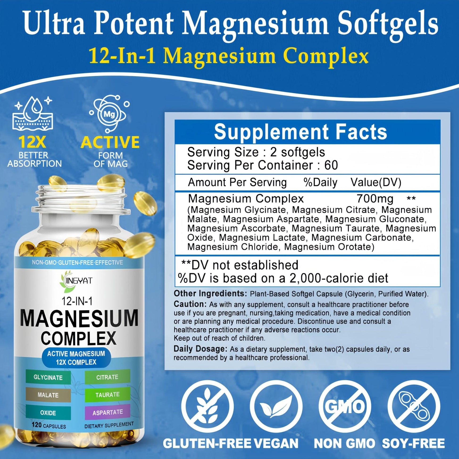 Magnesium Complex Softgels - 12-in-1 Magnesium Supplement with Glycinate,Citrate,Malate,Oxide,Taurate - High Absorption Magnesium Complex for Women & Men for Muscle, Heart, Sleep, Bone, Nerve Support - Maple Wellness Supplements