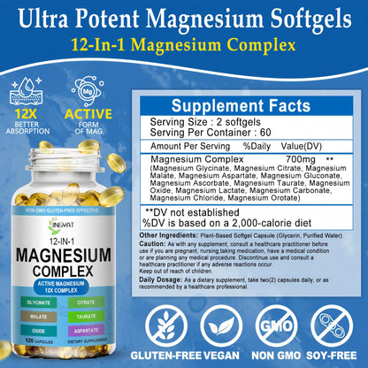 Magnesium Complex Softgels - 12-in-1 Magnesium Supplement with Glycinate,Citrate,Malate,Oxide,Taurate - High Absorption Magnesium Complex for Women & Men for Muscle, Heart, Sleep, Bone, Nerve Support - Maple Wellness Supplements