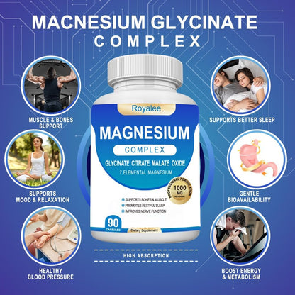 Magnesium Complex Supplement - 1000mg with 7 Magnesium Forms Including Glycinate, Citrate, Malate, Taurate & Orotate - Supports Relaxation, Muscle Function & Bone Strength - 90 Capsules - Maple Wellness Supplements