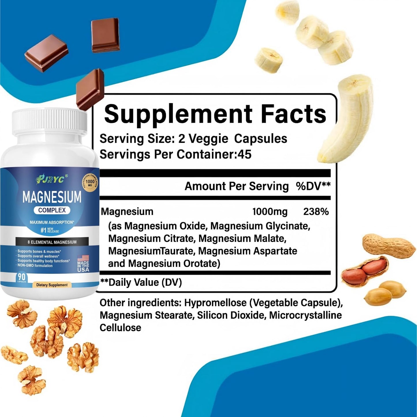 Magnesium Complex Supplement - 1000mg with 8 Magnesium Forms: Glycinate, Citrate, Malate, Taurate & Orotate - Supports Muscle Function, Bone Strength & Relaxation - Vegan, Non-GMO - 180 Capsules - Maple Wellness Supplements