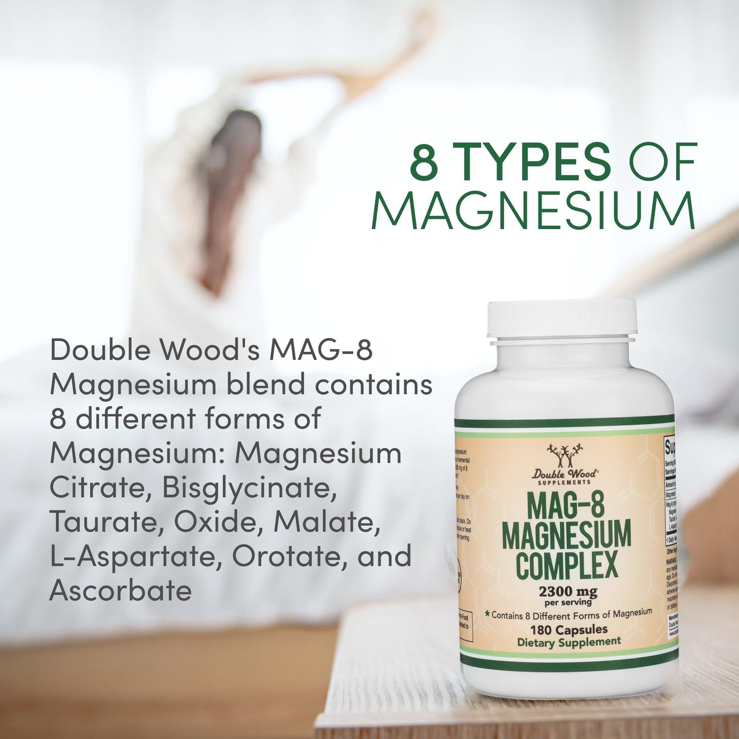 Magnesium Complex Supplement 180 Capsules (426mg Elemental Magnesium Provided by 2,300mg of Eight Different Forms of Magnesium) MAG-8 Provides 100% Daily Recommended Value of Magnesium by Double Wood - Maple Wellness Supplements