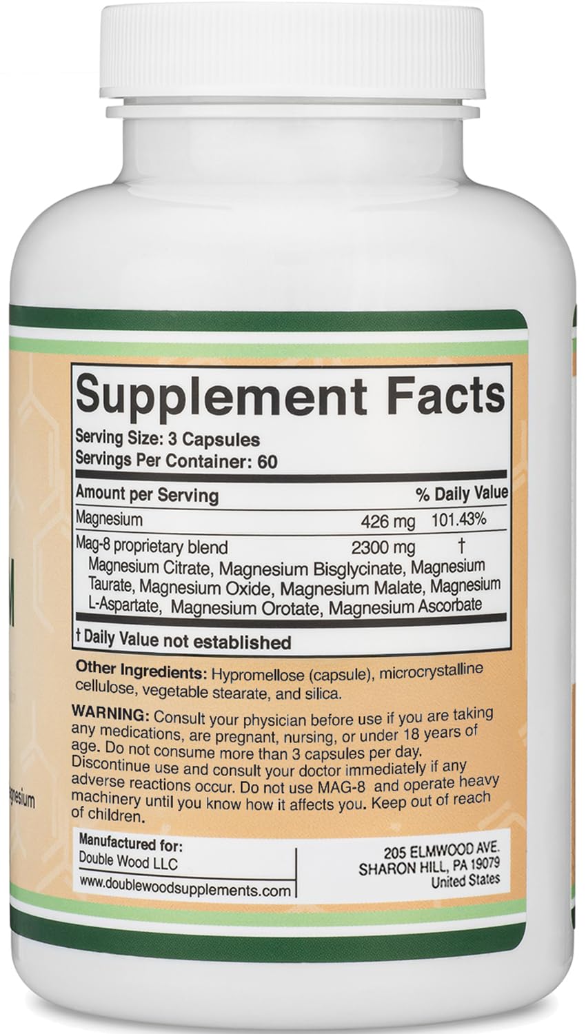 Magnesium Complex Supplement 180 Capsules (426mg Elemental Magnesium Provided by 2,300mg of Eight Different Forms of Magnesium) MAG-8 Provides 100% Daily Recommended Value of Magnesium by Double Wood - Maple Wellness Supplements