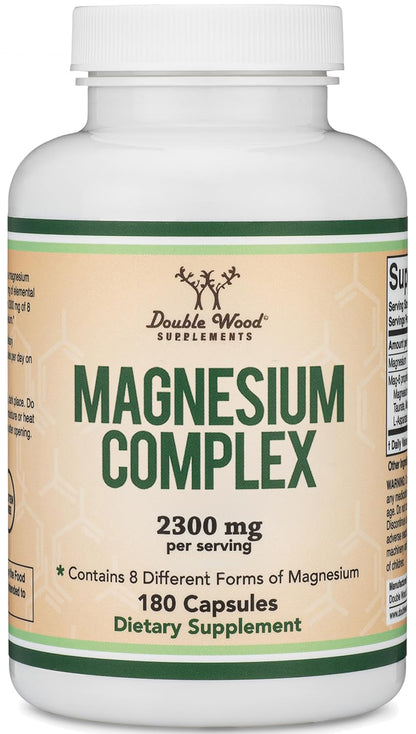 Magnesium Complex Supplement 180 Capsules (426mg Elemental Magnesium Provided by 2,300mg of Eight Different Forms of Magnesium) MAG-8 Provides 100% Daily Recommended Value of Magnesium by Double Wood - Maple Wellness Supplements