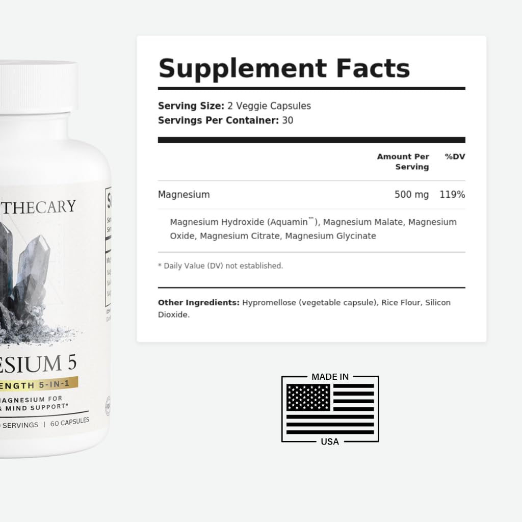 Magnesium Complex Supplement - 5 Forms Citrate Glycinate Malate Oxide Aquamin - Multi Magnesium Blend - High Absorption Chelated - Essential Mineral - Non-GMO Gluten-Free - 60 Capsules - Maple Wellness Supplements