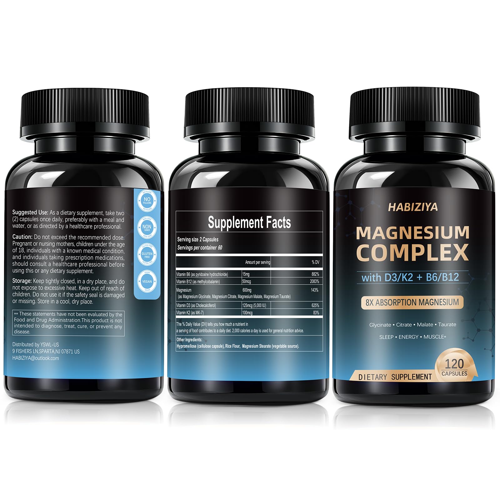 Magnesium Complex Supplement 600mg with with D3 K2 MK7 & B Vitamins High Absorption Capsules with Glycinate, Citrate & Malate,Taurate Relaxation,Muscle,Heart Support, Vegan 120 Capsules - Maple Wellness Supplements