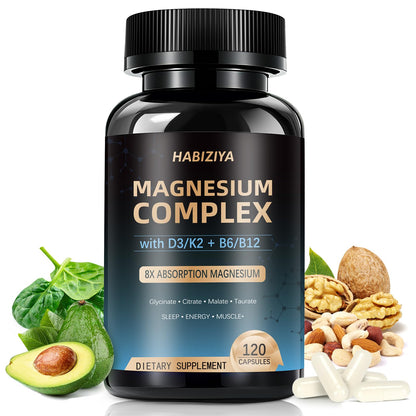 Magnesium Complex Supplement 600mg with with D3 K2 MK7 & B Vitamins High Absorption Capsules with Glycinate, Citrate & Malate,Taurate Relaxation,Muscle,Heart Support, Vegan 120 Capsules - Maple Wellness Supplements