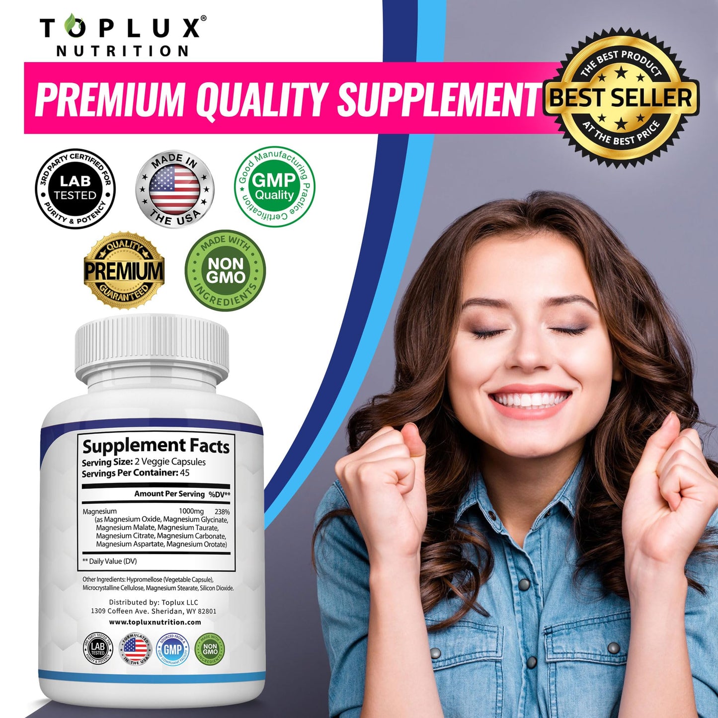 Magnesium Complex Supplement 8 Elemental 1000mg - Magnesium Glycinate, Citrate, Malate, Taurate, Chelated for Easy Absorption for Bones, Muscle, Recovery, Energy, Vegan Non-GMO 90 Capsules - Maple Wellness Supplements