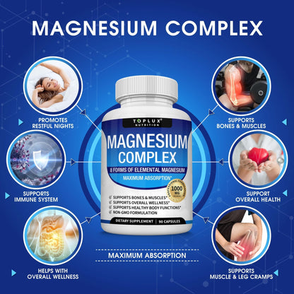 Magnesium Complex Supplement 8 Elemental 1000mg - Magnesium Glycinate, Citrate, Malate, Taurate, Chelated for Easy Absorption for Bones, Muscle, Recovery, Energy, Vegan Non-GMO 90 Capsules - Maple Wellness Supplements